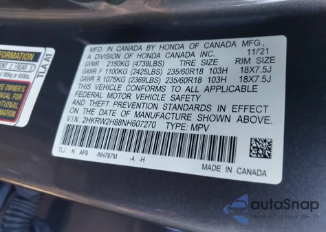 2022 Honda Cr-V Awd Ex-L from USA, damaged, VIN 2HKRW2H88NH607270